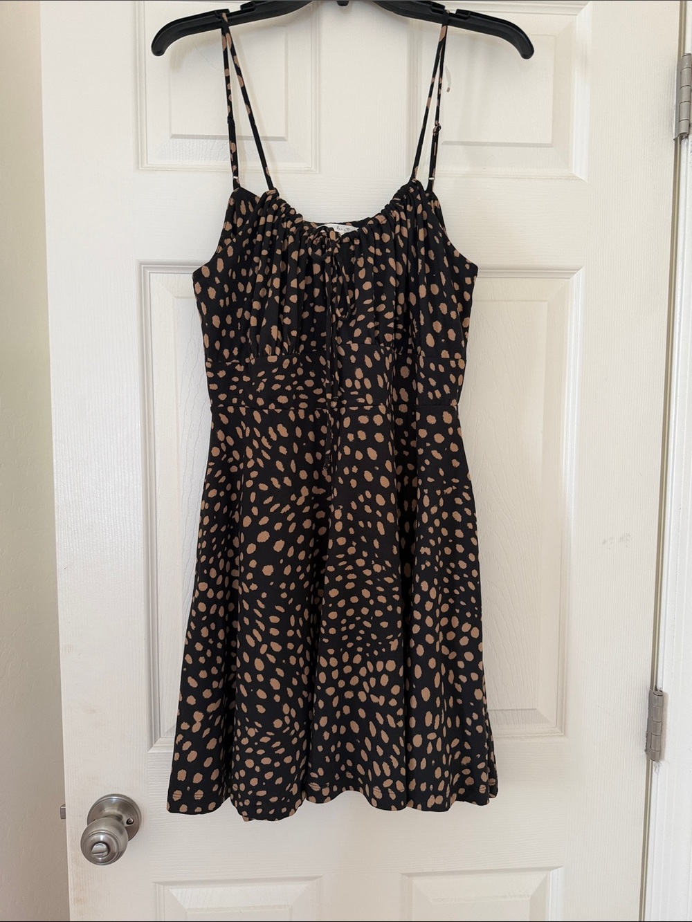 nine britton Black Mini Dress with Tan Polka Dot Print